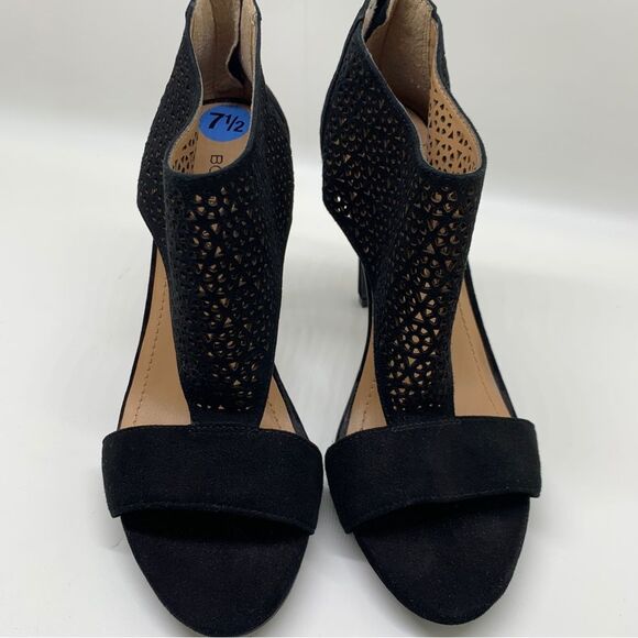 BCBGeneration Kadia Black Sz 7.5 Suede Lattice Stiletto Open Toe Zip Closure - Picture 5 of 13